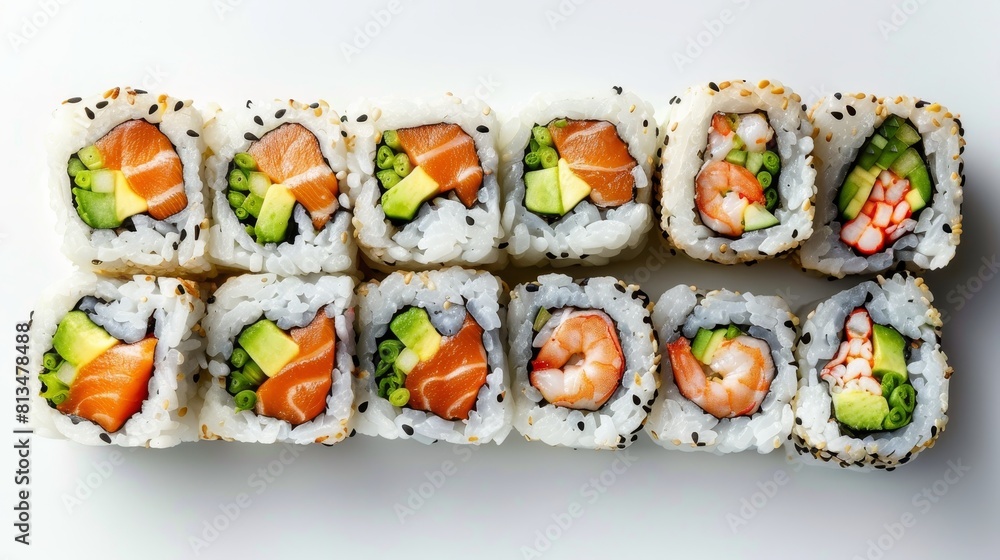 Advertising-focused top view of perfectly arranged sushi rolls with salmon, shrimp, and avocado, set on an isolated white background under studio lights Advertising-focused top view of perfectly arranged sushi rolls with salmon, shrimp, and avocado, set on an isolated white background under studio lights