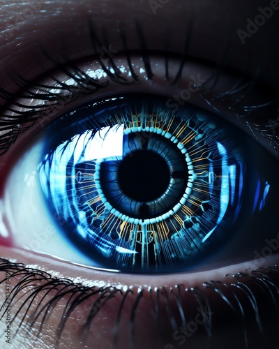 Augmented eye with holographic effects, closeup, blue tones, futuristic glow