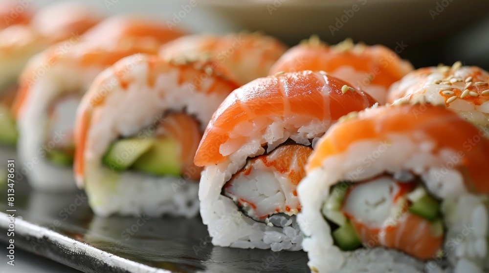 Advert-ready close-up of sushi roll layers, highlighting salmon, shrimp, and avocado in a clean, isolated environment under perfect studio lighting Advert-ready close-up of sushi roll layers, highlighting salmon, shrimp, and avocado in a clean, isolated environment under perfect studio lighting