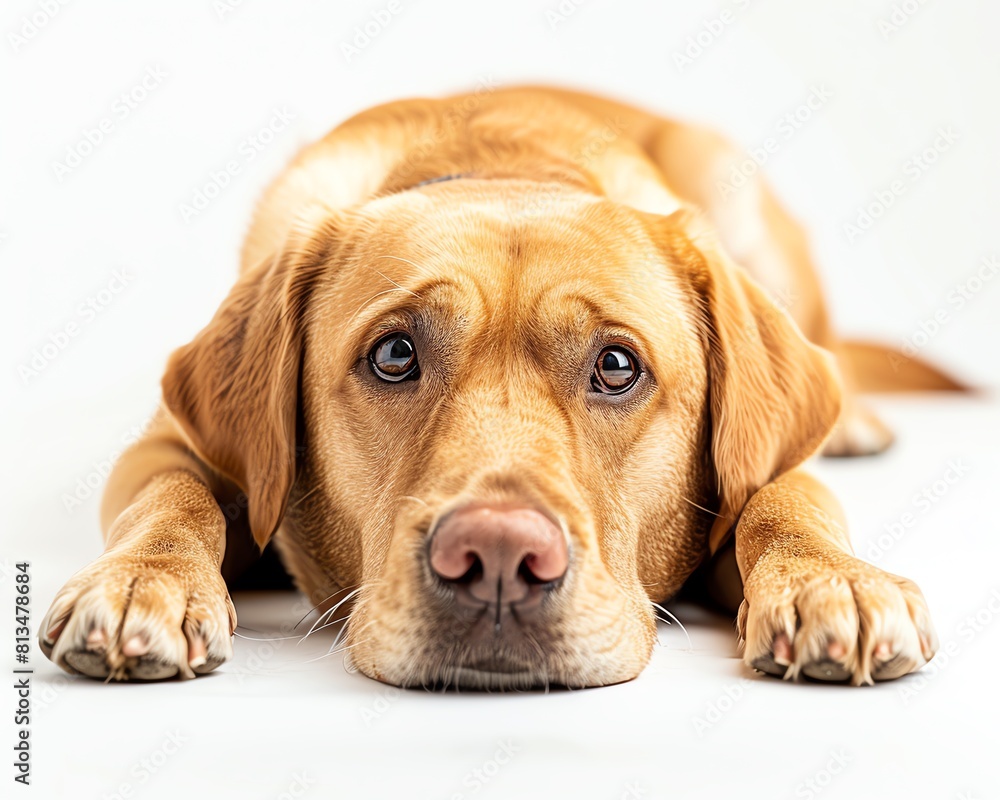 A serene Labrador Retriever lying down, looking directly at the camera, exuding calm and trust, ideal for family-friendly content A serene Labrador Retriever lying down, looking directly at the camera, exuding calm and trust, ideal for family-friendly content