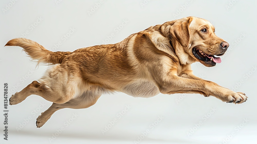 An energetic Labrador Retriever captured mid-leap, with dynamic motion and expressive eyes, set against a pristine white background An energetic Labrador Retriever captured mid-leap, with dynamic motion and expressive eyes, set against a pristine white background
