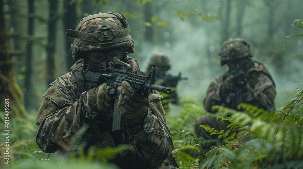 A team of special forces engages in a tactical operation in a lush jungle, with rifles at the ready. A team of special forces engages in a tactical operation in a lush jungle, with rifles at the ready.