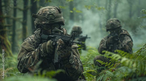 A team of special forces engages in a tactical operation in a lush jungle  with rifles at the ready.