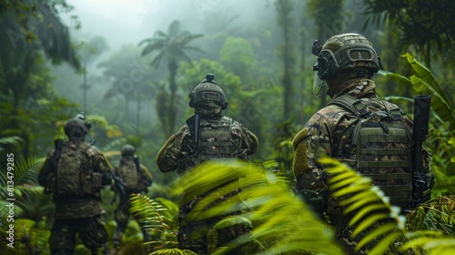 A squad of heavily equipped special forces soldiers moves stealthily through a dense tropical forest, blending with the verdant environment. photo