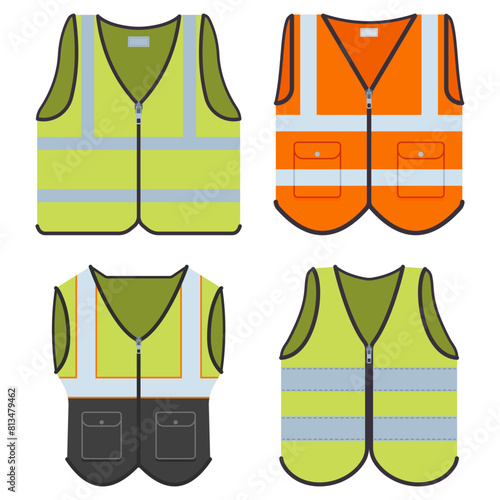 Reflective safety vests vector cartoon set isolated on a white background.