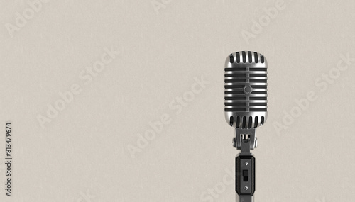 Retro style vintage microphone against white textured wall background. © Cagkan