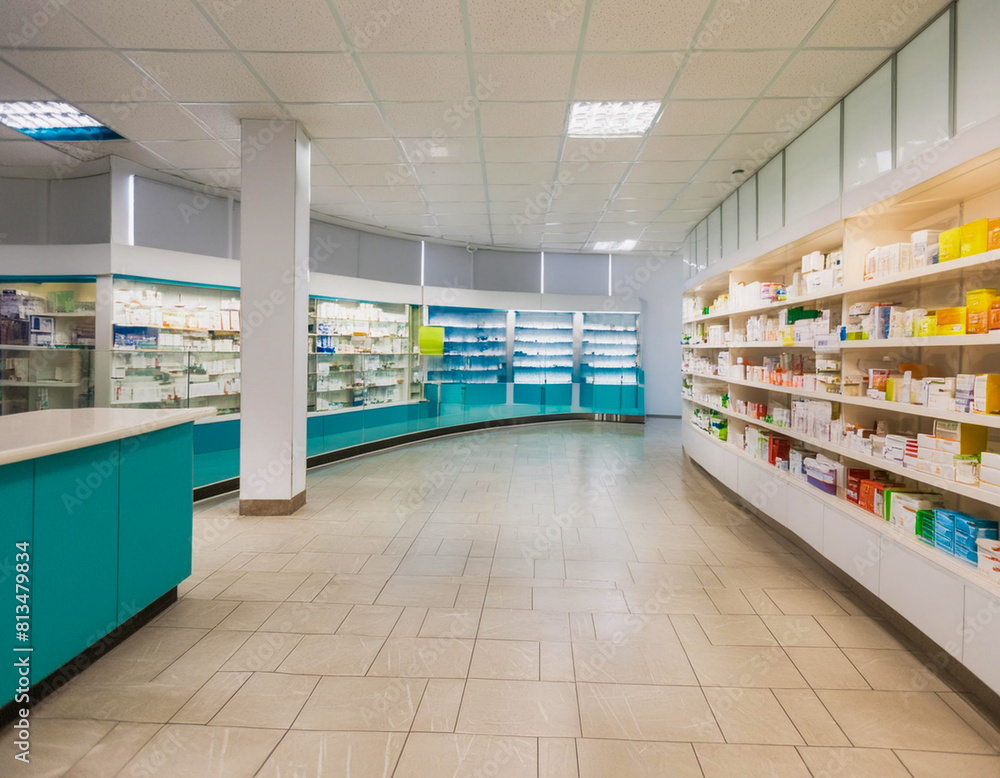 shop interior of empty modern pharmacy clear white blue store background