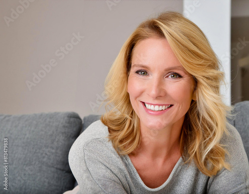 Portrait of beautiful cheerful blonde friendly cute forty year old blond woman in home living room