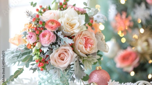 Pastel Holiday Bouquet  a festive holiday background with soft pastel shades  featuring vibrant bouquets of flowers  elegant decorations  and a touch of holiday elegance in a light and airy style. 
