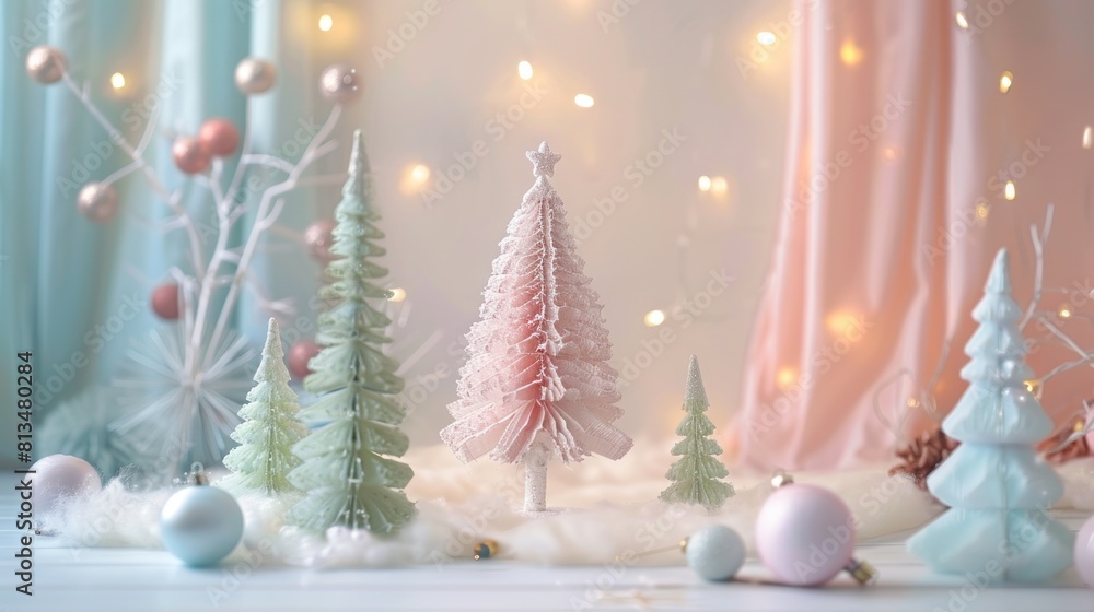 Pastel Holiday Greetings:  a cheerful holiday background with soft pastel tones, featuring joyful greetings, festive decorations, and a lively holiday atmosphere in a light and airy setting. 