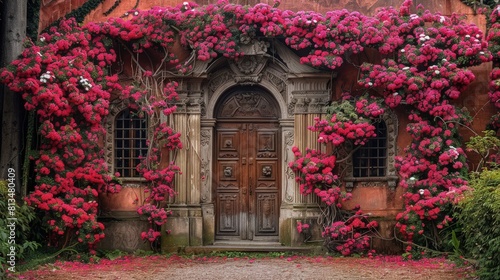 Classic house gate decorated with dense pink flowering vines. © pengedarseni