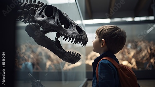A little boy in a paleontology museum looks curiously at a large dinosaur skeleton. A child on a field trip examines the bones of a fossilized animal. © photolas