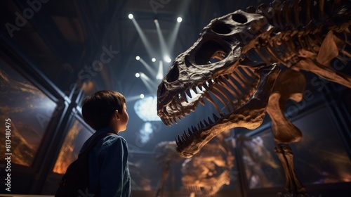 A little boy in a paleontology museum looks curiously at a large dinosaur skeleton. A child on a field trip examines the bones of a fossilized animal.