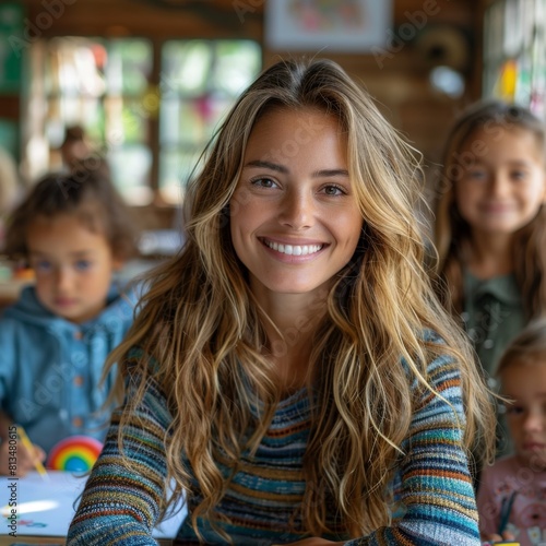 Wallpaper Mural Tutoring children in primary school, girl smiling happily while drawing with help of teacher,Joyful Girl Creating Art: Colorful 4K Wallpaper Torontodigital.ca