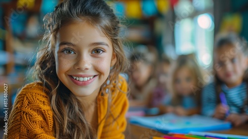 Wallpaper Mural Tutoring children in primary school, girl smiling happily while drawing with help of teacher,Joyful Girl Creating Art: Colorful 4K Wallpaper Torontodigital.ca