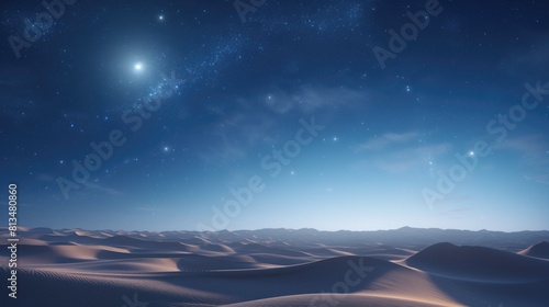 Desert at night under a starry sky. Sand dunes overlooking the sunset  sunrise. In the night sky galaxies and nebulae. Mystical  surreal background.