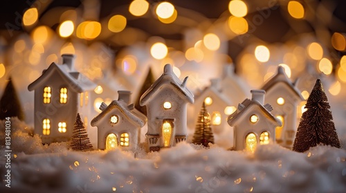 a festive christmas scene featuring a white house adorned with christmas lights, surrounded by small trees and illuminated by a yellow light