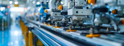 Rows of identical manufacturing machines in a factory.