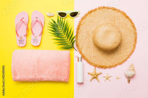 Top view travel or vacation concept. Composition with stylish beach accessories on colored background  top view. Beach fashion flat lay  summer concept. Trendy colors