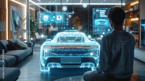 The way the future will work. In a bright, open living room, a person interacts with virtual screens and objects. The screens display 3D model data of automotive components. Generative AI. © visoot