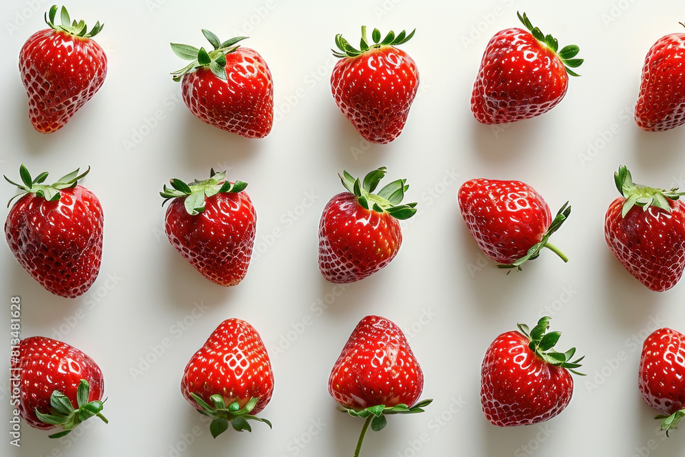 Fresh ripe strawberries lined up in a row on white surface with one side cut off, closeup view Fresh ripe strawberries lined up in a row on white surface with one side cut off, closeup view