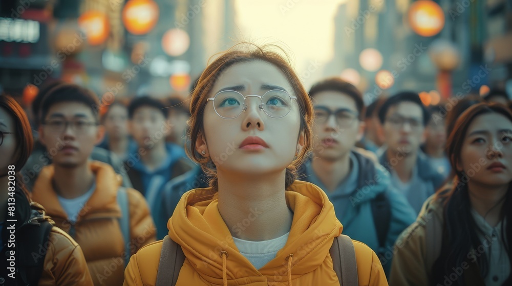 On the riverside of the city, a large group of Chinese young people of various professions are looking into the distance with a serious expression. Generative AI. On the riverside of the city, a large group of Chinese young people of various professions are looking into the distance with a serious expression. Generative AI.