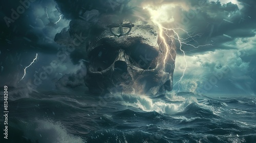 Skull Emerging from Stormy Ocean with Lightning 