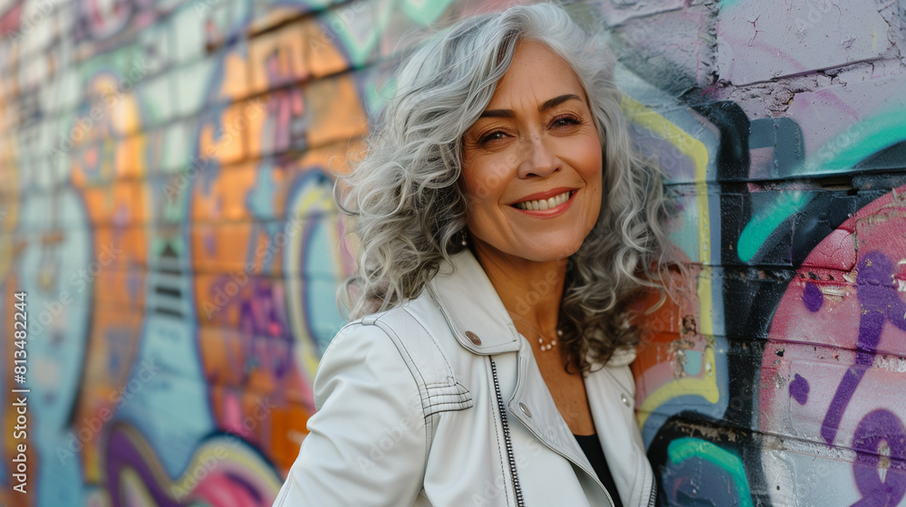 In a vibrant urban setting, a woman in her fifties with striking silver curls stands confidently against a backdrop of graffiti-covered walls.
In a vibrant urban setting, a woman in her fifties with striking silver curls stands confidently against a backdrop of graffiti-covered walls.