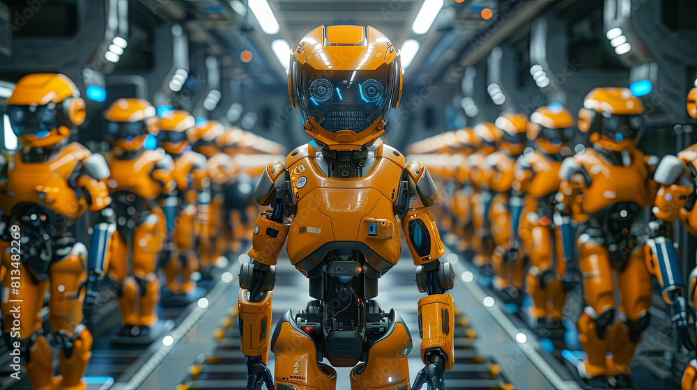 Production of orange android robots at the factory, modern future technology concept Production of orange android robots at the factory, modern future technology concept