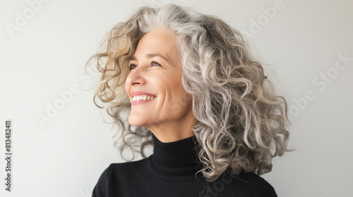 Middle-aged woman with curly silver and gray hair smiles in side view against white background.
