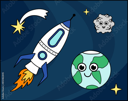 Rocket flying past the Earth and moon. Childish Space illustration. Cartoon, vector