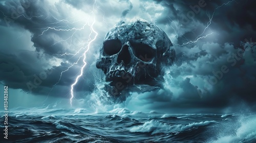 Skull Emerging from Stormy Ocean with Lightning 