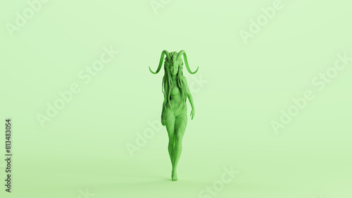 Green witch doctor voodoo witchcraft head dress woman Halloween witch mint background 3d illustration render digital rendering photo