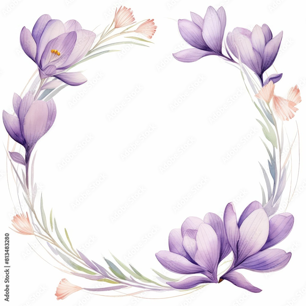 Fototapeta premium crocus themed frame or border for photos and text.delicate purple and white flowers. watercolor illustration, flowers frame, botanical border, For wedding cards, covers, invitations, and clipart.