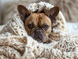 A cozy French Bulldog wrapped in a soft white blanket, evoking warmth and comfort, ideal for home and lifestyle products