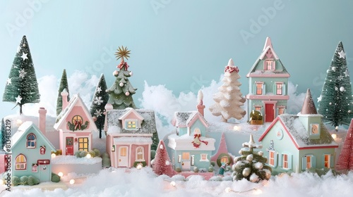 Pastel Snowy Village:  a charming holiday village scene with pastel-colored cottages, twinkling lights, and festive decorations against a light and airy backdrop. 