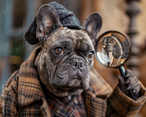 A French Bulldog in a detective outfit, with a magnifying glass, perfect for mystery-themed products or pet detective services photo