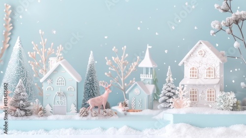 Pastel Winter Serenade: a serene winter scene with soft pastel tones, featuring delicate snowfall, cozy cottages, and peaceful woodland creatures in a light and airy setting.