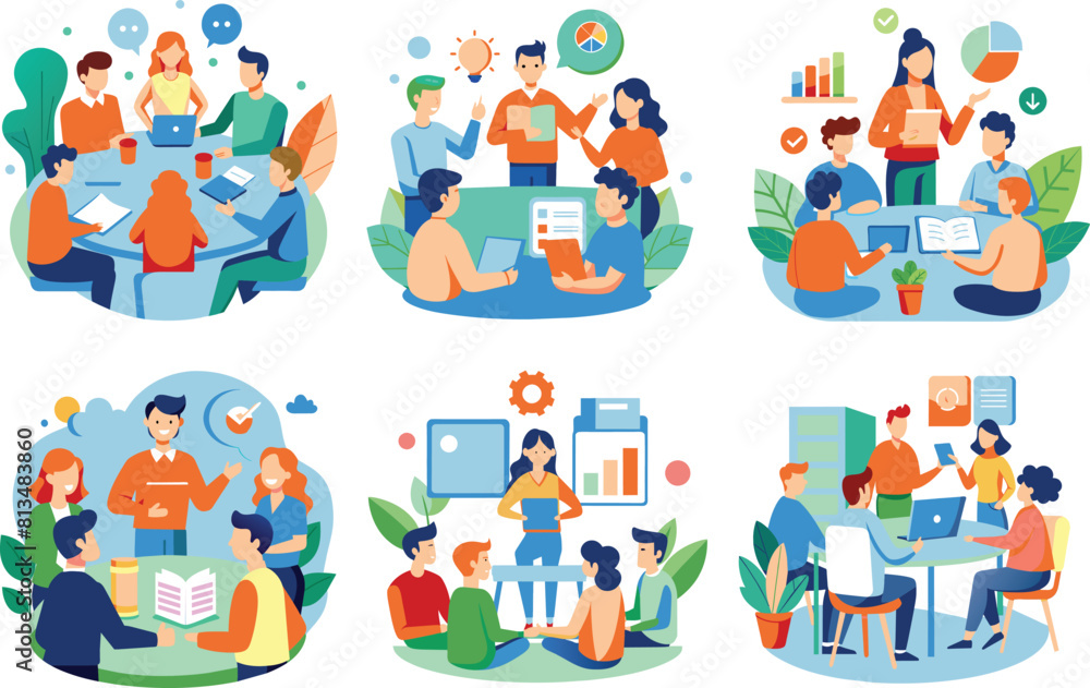 Set of flat business, learning meeting conference icon, vector illustration.