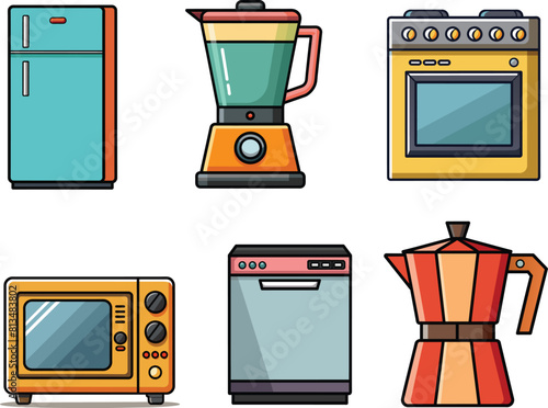 Set of flat kitchen, electrical appliances icon, vector illustration.