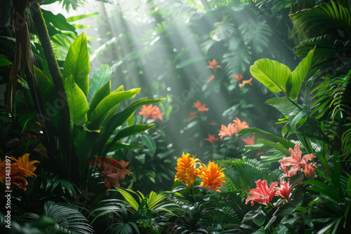 Rainforest jungle with colorful flowers for background