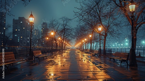 City sidewalk. at night. Generative AI. © visoot