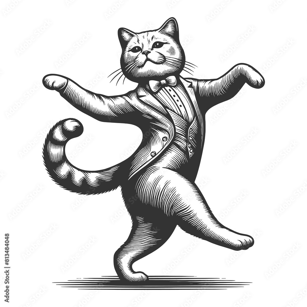 joyfully dancing cat dressed in a dapper suit and bow tie, sketch ...