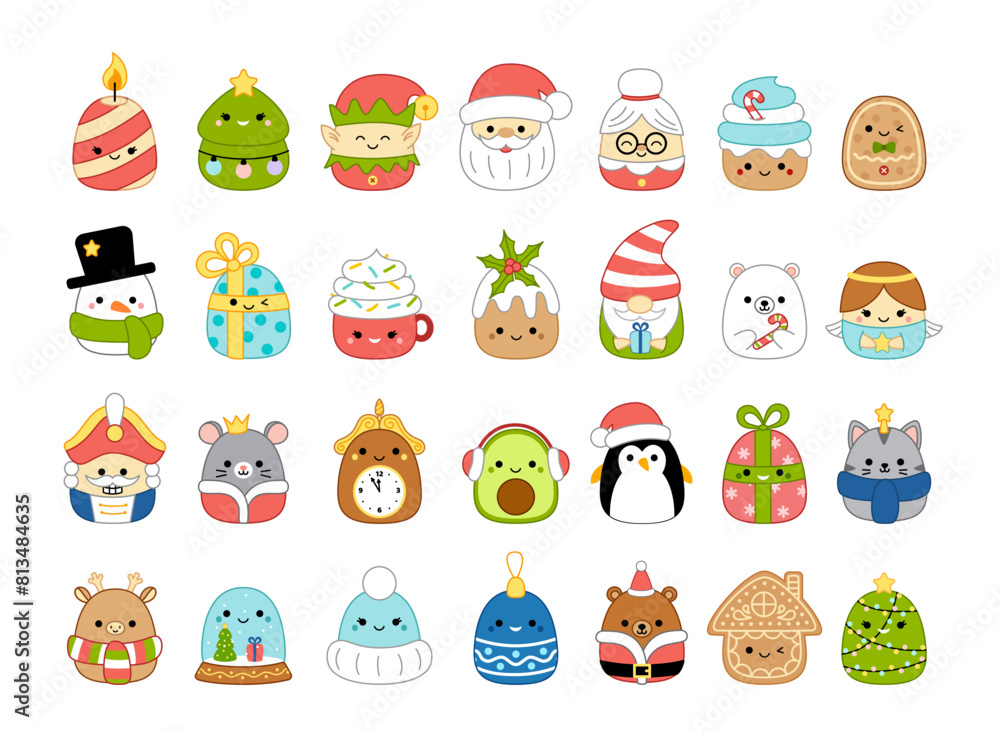 Big set of Christmas kawaii characters. Squishmallow. Pillow. Cartoon, kawaii, vector Big set of Christmas kawaii characters. Squishmallow. Pillow. Cartoon, kawaii, vector