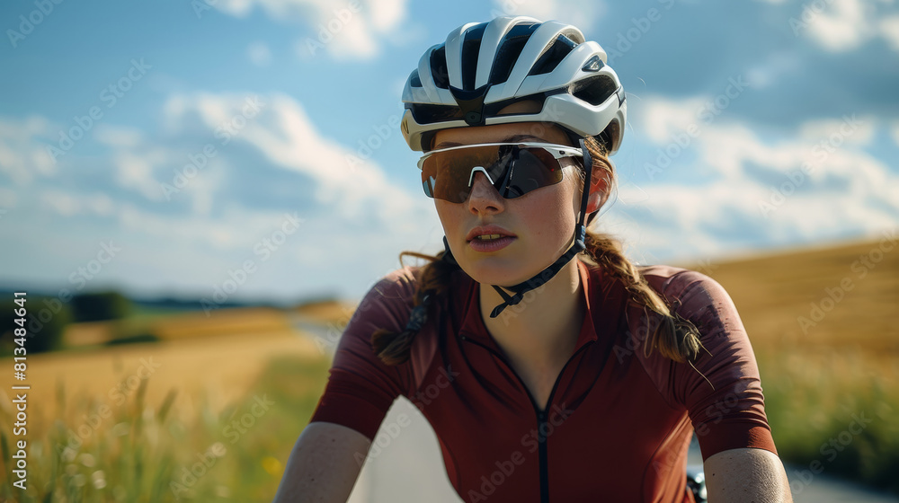 Female cyclist riding on the road wearing helmet and sunglasses, green meadow in background. Generative AI. Female cyclist riding on the road wearing helmet and sunglasses, green meadow in background. Generative AI.