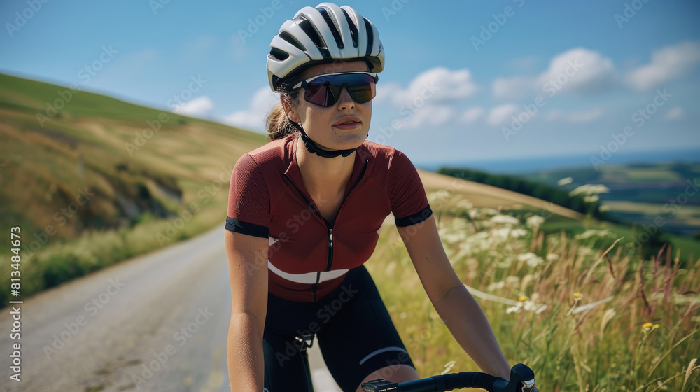 Female cyclist riding on the road wearing helmet and sunglasses, green meadow in background. Generative AI. Female cyclist riding on the road wearing helmet and sunglasses, green meadow in background. Generative AI.
