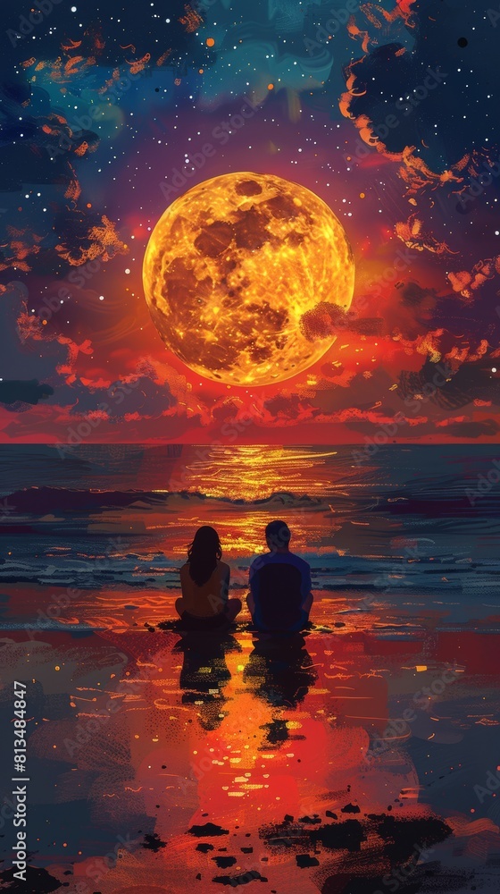 Painting of a couple on the beach at sunset with an orange sky and blue sea.