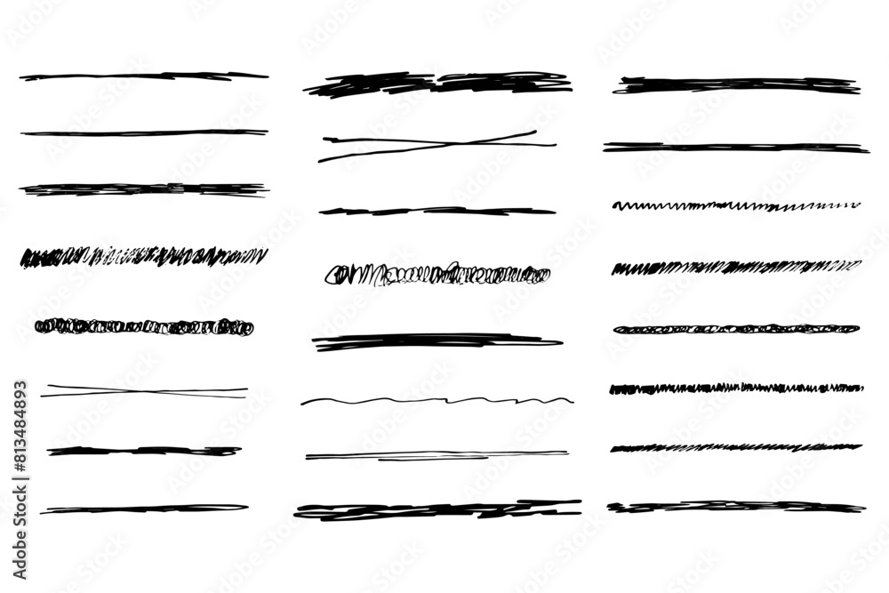 Underlines set brush stroke, marker lines grunge curve, wavy free hand marks textured simple borders strikethrough isolated on white background. Creative collection scribble brush or crayon checks Underlines set brush stroke, marker lines grunge curve, wavy free hand marks textured simple borders strikethrough isolated on white background. Creative collection scribble brush or crayon checks