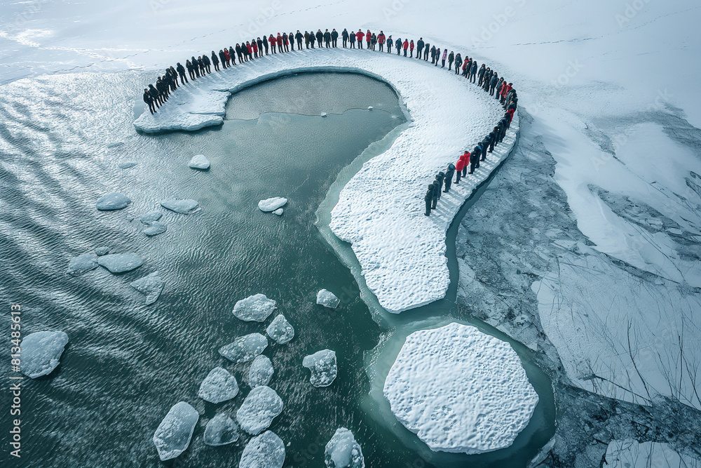 Obraz premium Aerial view of people forming a symbolic question mark on a partially frozen river, reflecting on the impacts of climate change on Arctic environments - AI generated