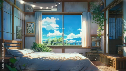 Cozy sunlit bedroom with large window view of blue sky and green trees, peaceful japanese-inspired interior animation seamless 4k video footage looping background. generated with ai